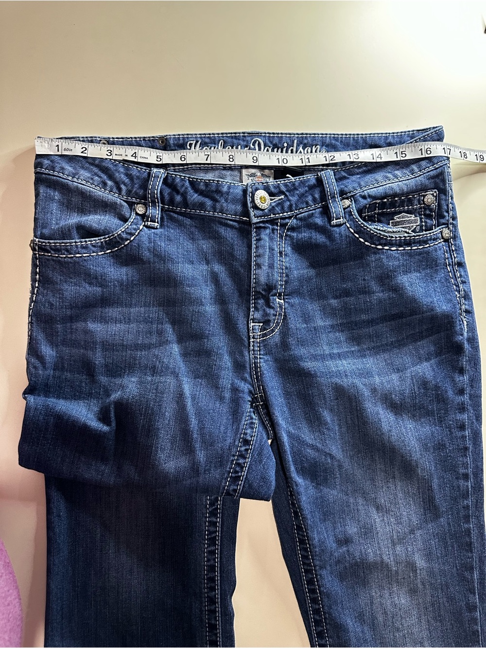 Harley-Davidson Blue Denim Wide Leg Jeans with Embroidered Wing. Very sexy! - Picture 3 of 9
